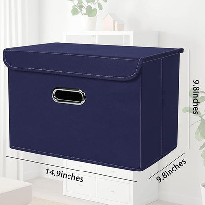 STOREONE Fabric Storage Cube Bins Foldable Organizer Container Collapsible Basket with Lids and Metal Handles, for Home, Bedroom, Closet 3 Pcs (Navy Blue)