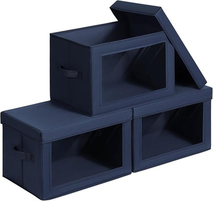 Homsorout Stackable Storage Bins with Lids - Large Storage Box with Lids, Foldable Closet Boxes for Organizing, Wardrobe Clothes Organizer with Window, Cubes Bins for Living Room, 3 Pack, Navy Blue