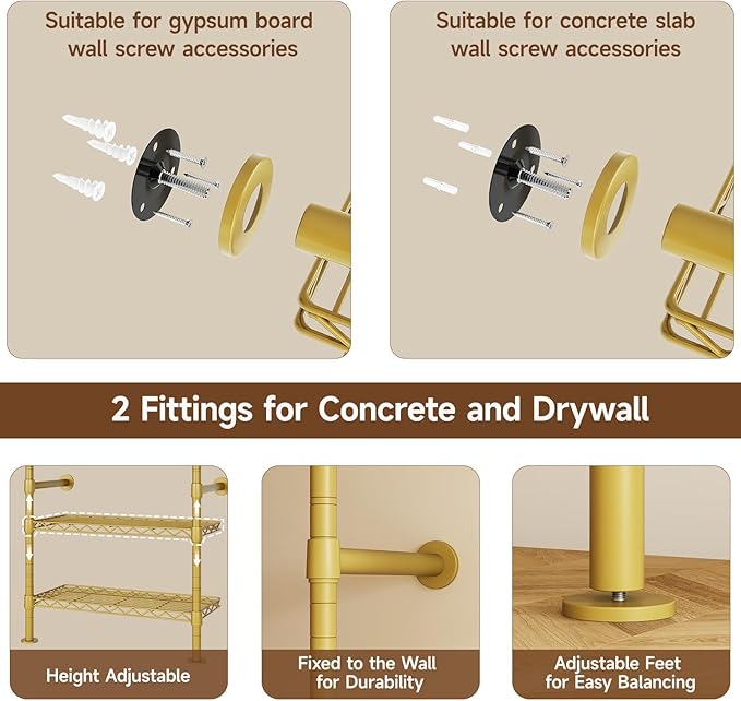 L2 Wall Mounted Closet System, Industrial Pipe Clothing Rack Clothes Racks with 2 Telescopic Rod & 6 Shelves, Heavy Duty Closet Organizers System in Wardrobe Closet, Gold