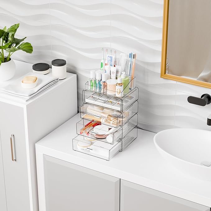 Yieach Clear Acrylic Makeup Organizers Countertop for Dresser,Desk,Bathroom Vanity,5Tier Stackable Make up Holders and Makeup Cabinet,Tiered Cosmetic Storage and Make up Containers for Palette,Brush