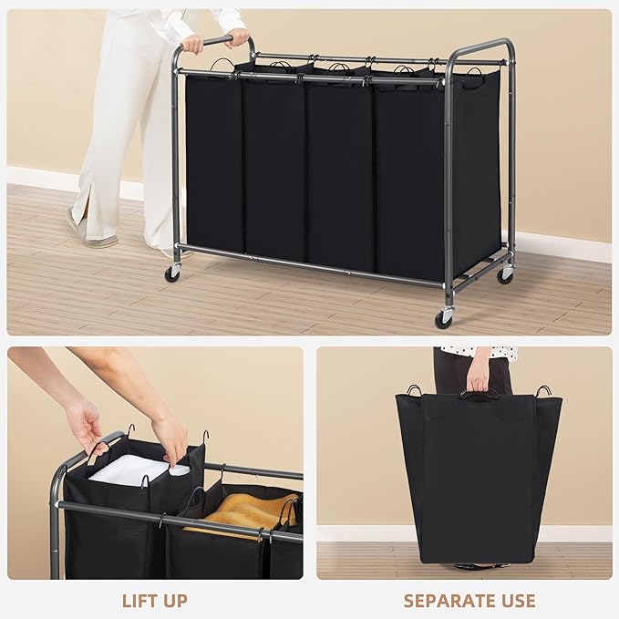 STORAGE MANIAC Laundry Sorter 4 Section, 47.8 Gal (181 L) Laundry Hamper with Wheels, Clothes Divider Basket Sorter, Clothes Separator Hamper Cart with Wheels and Removable Bags, Black