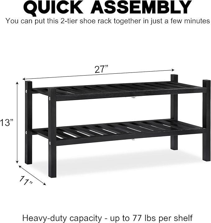 VICTORY RELAX 2-Tier Acacia Wood Shoe Rack - Stackable Entryway Organizer for Closet, Entryway, Easy Assembly, Indoor/Outdoor Storage Stand (Black)