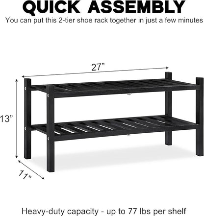 VICTORY RELAX 2-Tier Acacia Wood Shoe Rack - Stackable Entryway Organizer for Closet, Entryway, Easy Assembly, Indoor/Outdoor Storage Stand (Black)