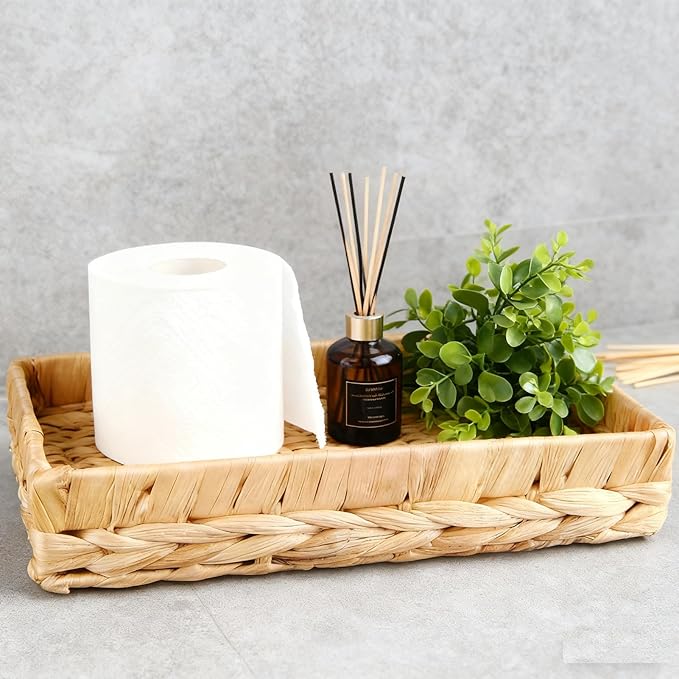 Rectangle Bathroom Tray, 10" Bathroom Over Toilet Tank Tray Water Hyacinth Wicker Basket for Bathroom Counter Long Narrow Badtub Hand Towel Storage Basket for Home Decor, Rattan Yellow