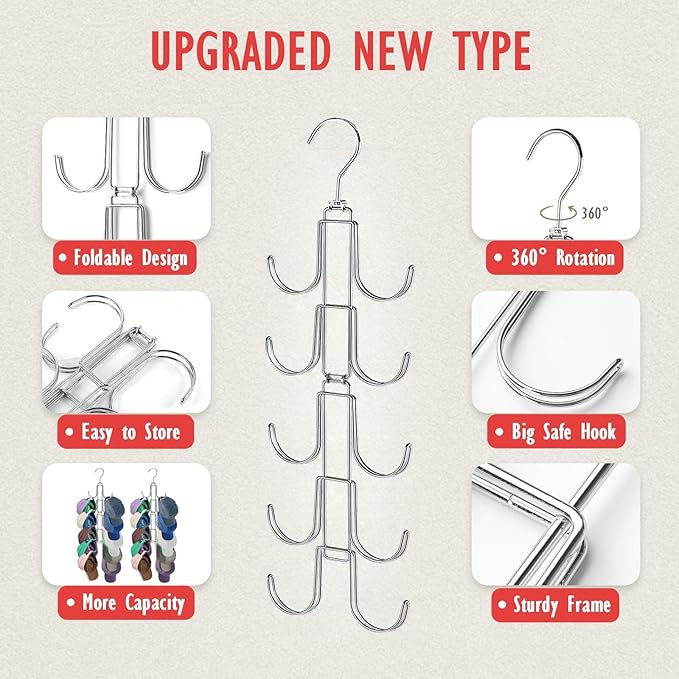Hat Organizer for Closet, Collapsible Caps Rack with 10 Rotatable Large Hooks, Holds Up to 40 Baseball Caps, Metal Space Saving Hat Hanger for Display, Storage and Closet Organizers, Silver