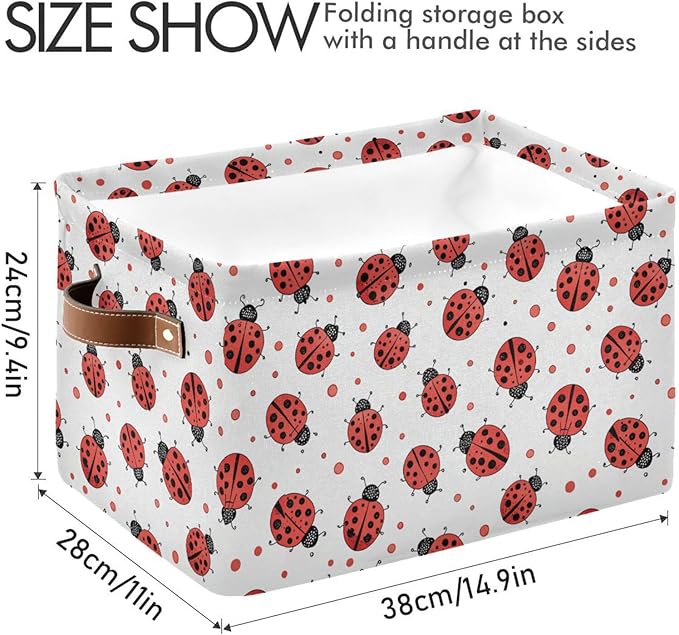 Ladybug Storage Basket Bin, Large Cube Storage Box Canvas Collapsible Storage Organizer for Home Office Closet - 15 L x 11 W x 9.5 H