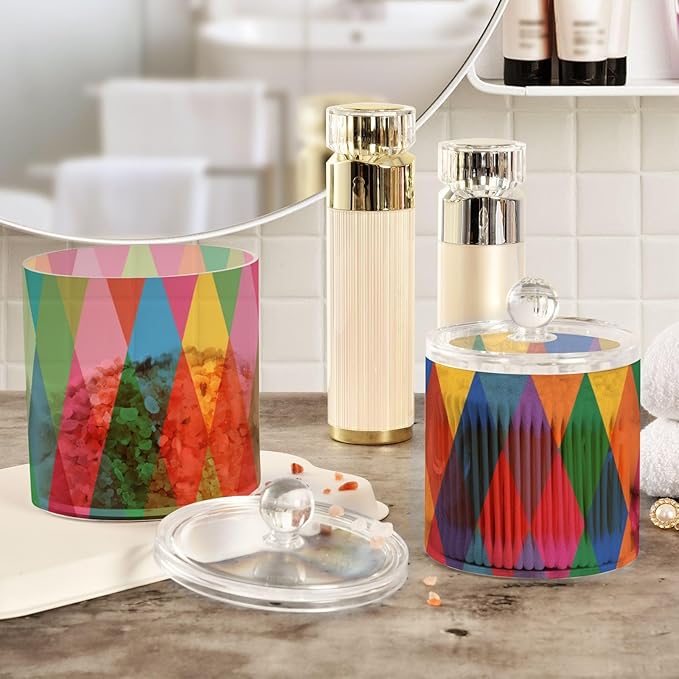2 Pack Qtip Dispenser Apothecary Jars with Lids Cotton Round Holder Bathroom Canisters for Cotton Swab Floss Ball Pads Clear Plastic Decorative Colorful Argyle