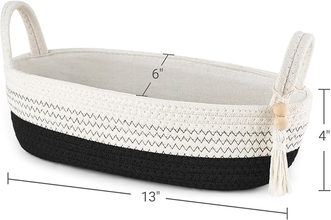 Mkono Small Storage Basket for Toilet Tank Top Boho Bathroom Decor Woven Rope Toilet Paper Tray Organizer for Shelf Bedroom Living Room, Black and White, 1 Pack, 13" L x 6" W