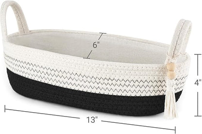 Mkono Small Storage Basket for Toilet Tank Top Boho Bathroom Decor Woven Rope Toilet Paper Tray Organizer for Shelf Bedroom Living Room, Black and White, 1 Pack, 13" L x 6" W
