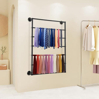 Wall Mounted Display Rack, 7-Tier Wall Mounted Scarf Rack, Black Towels Storage Rack, Wrapping Paper Ribbon Organizer, Metal Wall Display Rack for Bedroom, Retail Store, Flower Shop