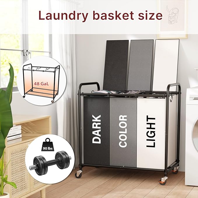 180L Laundry Sorter 3 Section – Heavy Duty Rolling Laundry Basket with Lockable Wheels and Lid, 3 Large Separate Removable Bags, Laundry Hamper Cart for Laundry Room Organizer (Multicolor)