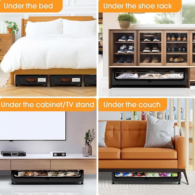 SpaceHacks Under Bed Storage with Wheels 2Pack Storage Containers with Clear Window&Label Under Bed Drawers Rolling Under Bed Storage for Clothes,Shoes, Blankets (30.71 x 16.93 x 6.69 in, Black)