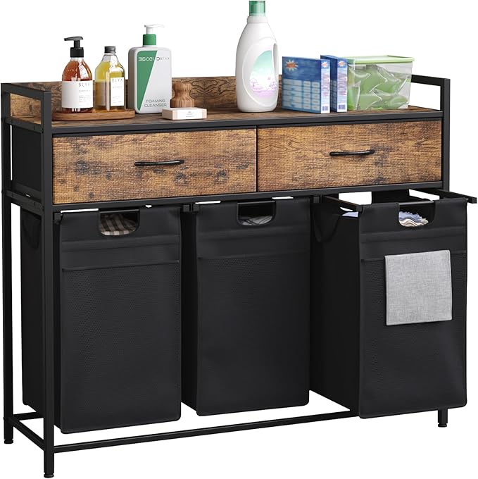 Mondeer Laundry Sorter with 2 Drawers, 150L with Pull-Out Removable Laundry Bags, Laundry Hamper Baskets with 3 Section and Wheels, Rustic Brown and Black