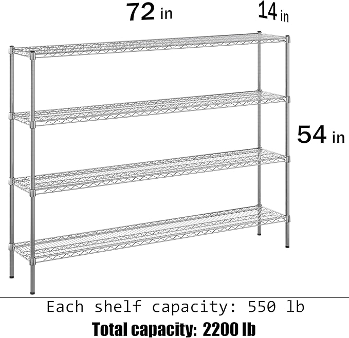 14" Deep x 72" Wide x 54" Height Wire Shelving Kit | 4-Tier | NSF Commercial Storage Rack Unit