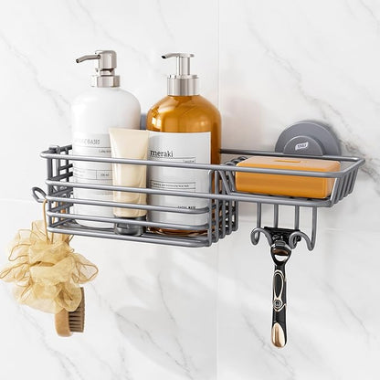 TAILI Shower Caddy Suction Cup with Hooks & Soap Holder, Heavy Duty Bathroom Shower Organizer, No Drilling Shower Shelves for Inside Bathroom, Metal Storage Holder-Grey
