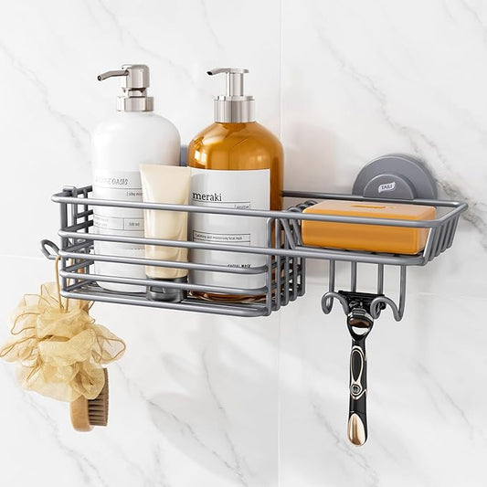 TAILI Shower Caddy Suction Cup with Hooks & Soap Holder, Heavy Duty Bathroom Shower Organizer, No Drilling Shower Shelves for Inside Bathroom, Metal Storage Holder-Grey