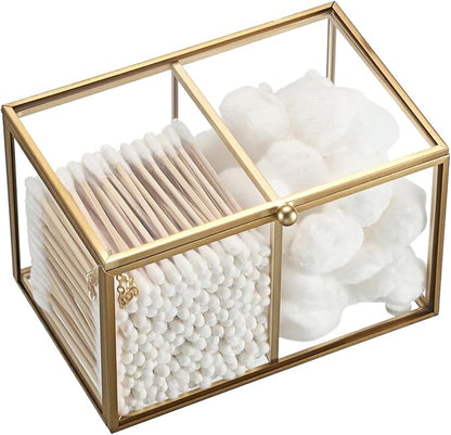 Hipiwe 2 Slots Glass Qtip Holder Gold Q-tip Storage Box with Lid Bathroom Accessories Container for Cotton Balls Cotton Swab Holder Rectangular Vanity Countertop Organizer