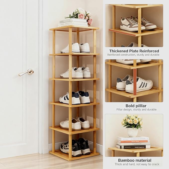 Aniston 6 Tier Small Shoe Rack Bamboo, Free Standing Slim Narrow Shoe Storage, Vertical Tall Shoe Shelf Organiser for Garage, Closet, Doorway, Corner, Living Room Small Spaces