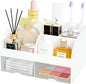 Makeup Organizer with 2 Drawers, Cosmetic Storage for Dresser Vanity and Bathroom Countertop,Make up organization and Skincare Storage with Beauty Brush Holder, Cosmetic Display Case (White)