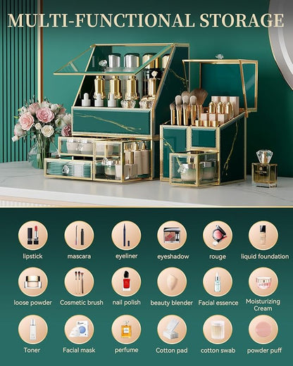 CoralHouse Makeup Organizer Green– Large Vanity Organizer for Skincare, Lipsticks, Perfume & Brushes – Countertop Cosmetic Storage Box for Women, Bathroom or Dresser.