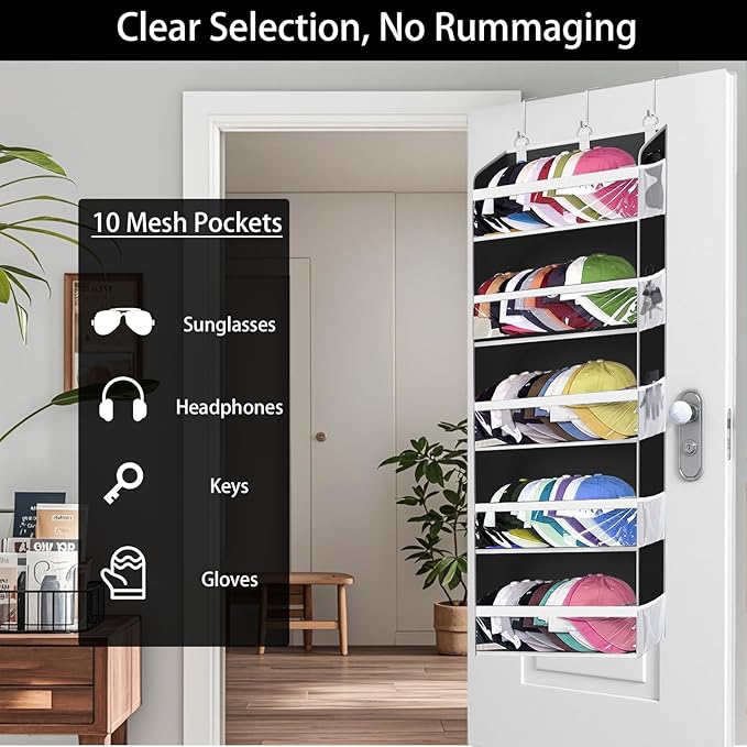 KYEVIS Over the Door Hat Organizer for Baseball Caps, Hold up to 60 Hats Rack Storage for Door/Closet/Wall, Clear Pockets Hanging Hat Holder for Baseball Caps with 10 Mesh Pockets, Grey