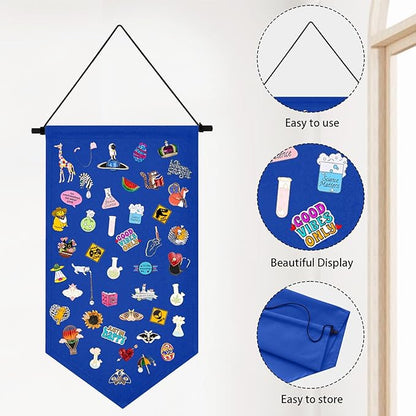 Winmany Wall Hanging Brooch Jewelry Storage Case Canvas Display Stand Enamel Pin Display Banner Holder Earrings Necklace Glitter Pin Collection Organizer (Blue)