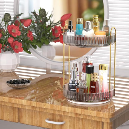 GTI 360°Rotating Makeup Organizer, 2 Tier Bathroom Counter Organizer,Large Capacity Perfume Cosmetics Skincare Vanity Organizers, Dresser Spinning Countertop Organizer and Storage for Women (Grey)