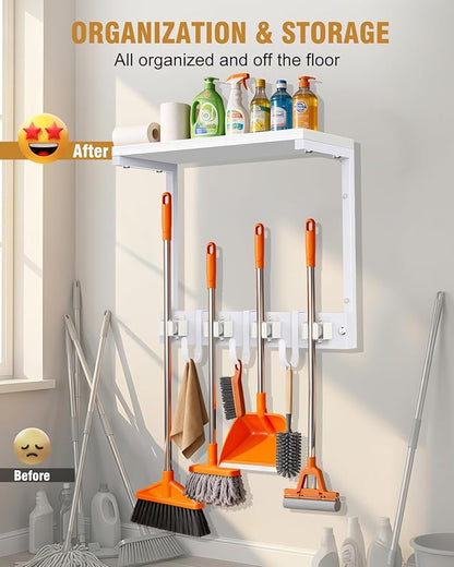Supforce Small Broom Holder Wall Mount with Cleaning Supplies Organizer, White