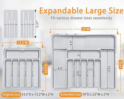 Silverware Drawer Organizer for Kitchen, Adjustable Utensil Drawer Organizer with 2 Knife Block, BPA Free Flatware and Cutlery Holder, Expandable Plastic Storage for Spoons Forks Knives(Grey)