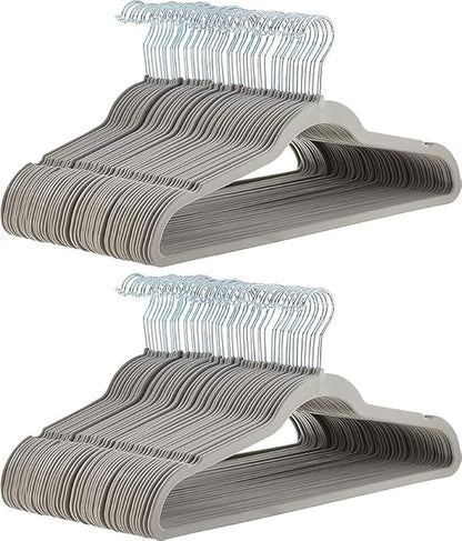 Amazon Basics Slim Velvet Non-Slip Space Saving Suit Clothes Hangers for Closet Organization, Gray/Silver, 100-Pack