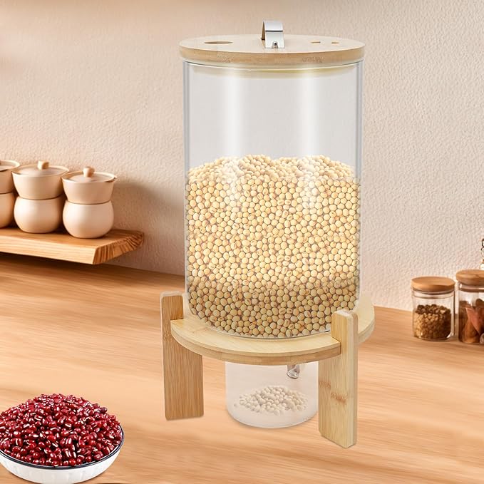 Rice Dispenser, 7.5L Glass Rice Container Cereal Container with Bamboo Stand Large Food Storage Container Flour Organization with Airtight Lid & Measuring Cup for Grain Legumes (7.5L)