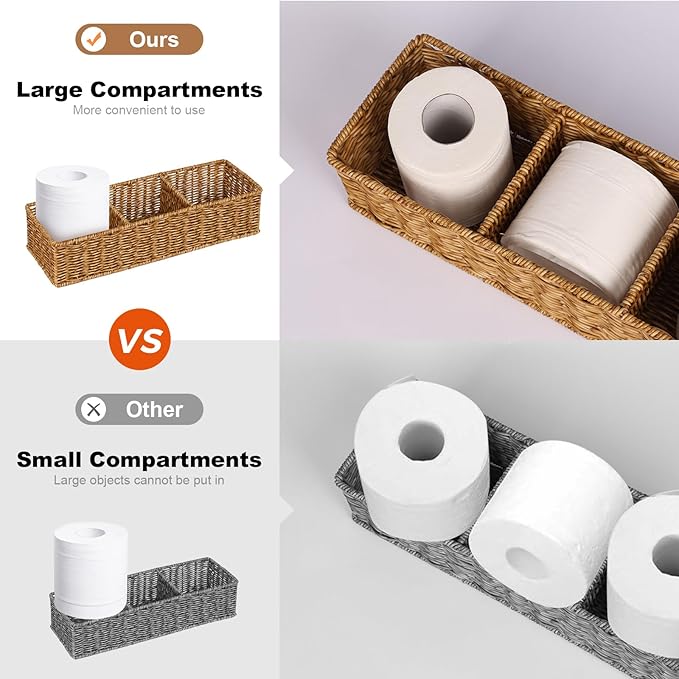 Wicker Toilet Paper Basket: 3 Water-resistant Compartments Organizer - Extra-Large Storage for Bulk Rolls & Toiletries (Farmhouse & Scandinavian, Tan)