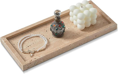 Natural Travertine Vanity Tray, Luxury Stone Organizer for Bathroom & Kitchen Counter | Holds Soap Dispenser, Jewelry, Perfume | Non-Resin, Non-Ceramic Décor