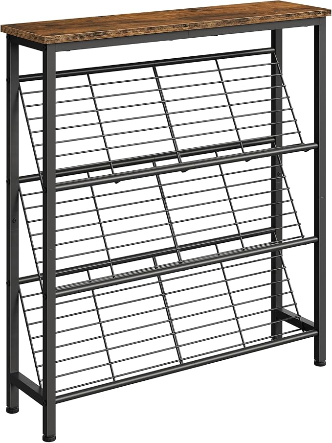 CHOEZON Shoe Rack, 4-Tier Narrow Shoe Storage Shelf, Slim Shoe Rack with Wooden Top and Metal Shelves, Slanted Shoe Organizer, Industrial Style, for Entryway, Hallway, Rustic Brown and Black TXJ76BF