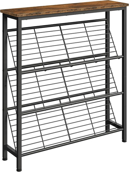 CHOEZON Shoe Rack, 4-Tier Narrow Shoe Storage Shelf, Slim Shoe Rack with Wooden Top and Metal Shelves, Slanted Shoe Organizer, Industrial Style, for Entryway, Hallway, Rustic Brown and Black TXJ76BF