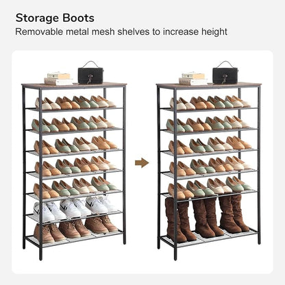 8-Tier Shoe Rack Organizer, Metal Mesh Shoe Storage Shelf, for Entryway, Hallway, Closet, Dorm Room, Industrial, Rustic Brown