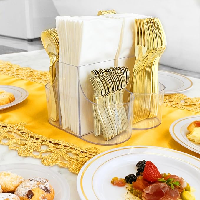 Cutlery Holder for Party - 5 Compartment Cutlery Organizer & Napkin Holder Silverware Caddy Clear with 120 Pcs Gold Plastic Spoons Disposable Forks Knives & Dinner Napkins for Party