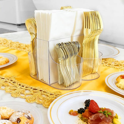 Cutlery Holder for Party - 5 Compartment Cutlery Organizer & Napkin Holder Silverware Caddy Clear with 120 Pcs Gold Plastic Spoons Disposable Forks Knives & Dinner Napkins for Party