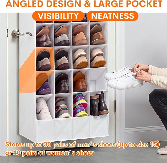 30-40 Pairs Over the Door Shoe Organizer, Large & Deep Pockets Hanging Shoe Rack, Space-Saving Closet Door Organizer Fits Boots,Sneakers or Larger Shoes,Shoe Storage for Bedroom,Small Closet,Entryway