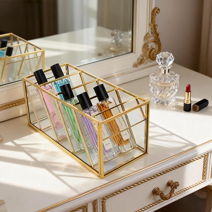 Peohud Rollerball Perfume Organizer, 4 Compartment Gold Glass Makeup Brush Holder, Vintage Desktop Organizer for Lipstick, Pen, Pencil, Home, Bathroom