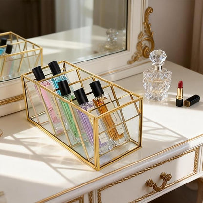 Peohud Rollerball Perfume Organizer, 4 Compartment Gold Glass Makeup Brush Holder, Vintage Desktop Organizer for Lipstick, Pen, Pencil, Home, Bathroom