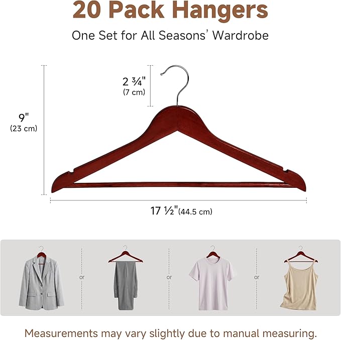 StorageWorks Wooden Hangers 20 Pack, Wood Coat Hangers for Closet, Heavy Duty Clothes Hangers for Suits, Shirts, Pants, Jackets, Dark Cherry Color