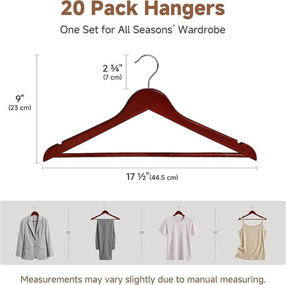 StorageWorks Wooden Hangers 20 Pack, Wood Coat Hangers for Closet, Heavy Duty Clothes Hangers for Suits, Shirts, Pants, Jackets, Dark Cherry Color