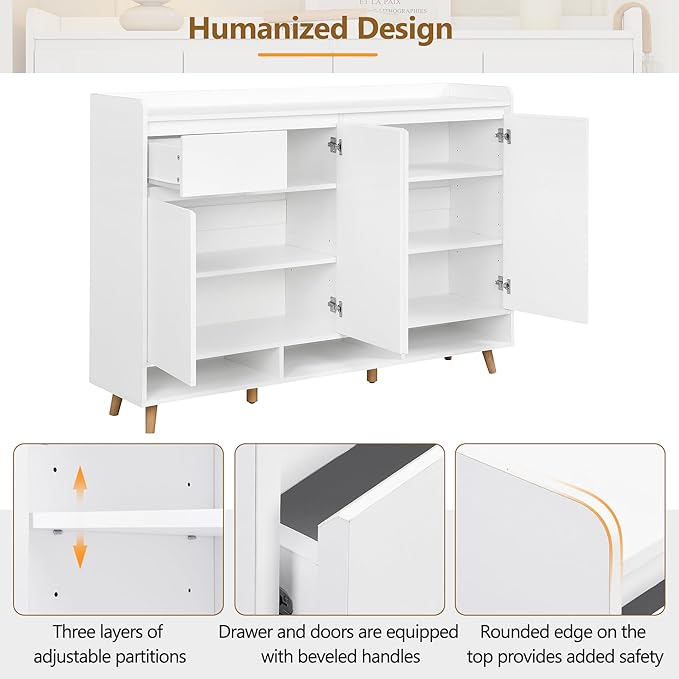 JIVOIT Shoe Cabinet with Adjustable Shelves, Drawer, Sleek and Contemporary Shoe Rack with Solid Wood Legs, Minimalist Home Organizer Storage Sideboard for Entryway, Living Room (White,167)