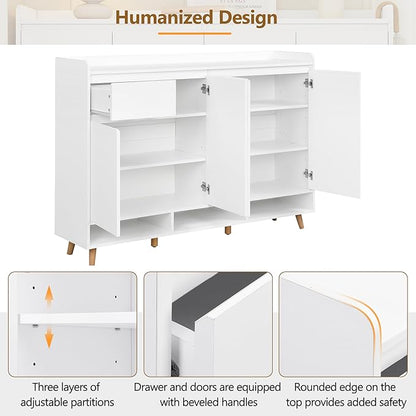 JIVOIT Shoe Cabinet with Adjustable Shelves, Drawer, Sleek and Contemporary Shoe Rack with Solid Wood Legs, Minimalist Home Organizer Storage Sideboard for Entryway, Living Room (White,167)