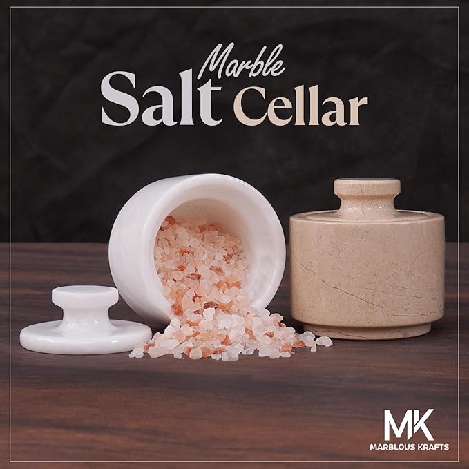 MARBLOUS KRAFTS Marble Salt Cellar with Lid 3" Inch White and Verona Sea Salt, Spices, and Seasonings Storage, Perfect for Kitchen Countertop, Dining Table, and Gift Giving,