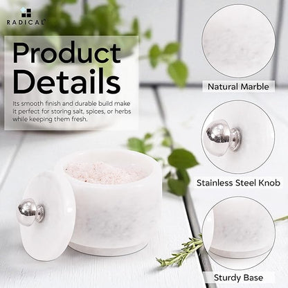 Radicaln Marble Salt Cellar with Lid 3" White Handmade Salt Box & Spice Jar for Kitchen Counter, Ideal Salt Holder, Sugar Bowl & Salt Dish, Salt Container For Housewarming Gift & Kitchen Decor