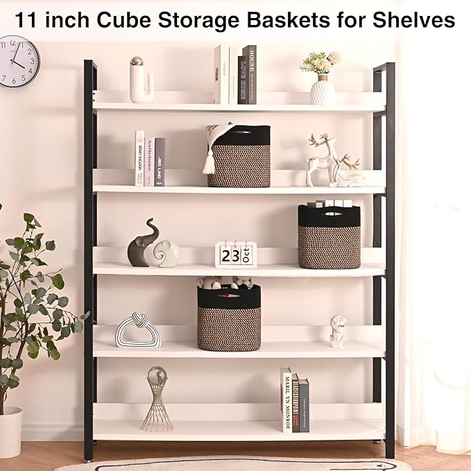 11 Inch Cube Storage Bins, 11x11 Cube Storage Bins for Cube Organizer, Square Cloth Storage Cubes, Woven Storage Baskets for Shelves, Toy Baskets Storage Kids, Black & Jute (Pack of 3)