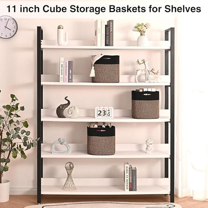 11 Inch Cube Storage Bins, 11x11 Cube Storage Bins for Cube Organizer, Square Cloth Storage Cubes, Woven Storage Baskets for Shelves, Toy Baskets Storage Kids, Black & Jute (Pack of 3)
