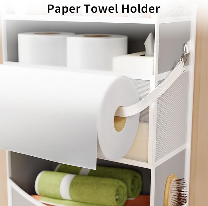 Over the Door Organizer - Behind the Door Storage with Rope for Toilet Paper Storage - Door Organizer Hanging with 5 Spacious Pockets & 14 Mesh Pockets (5 Tier-Grey)